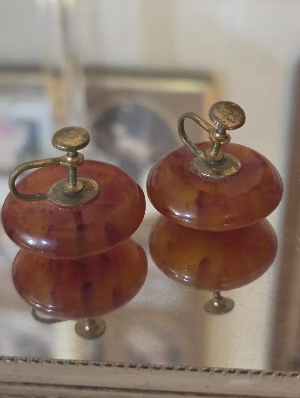 Vintage Root Beer Swirl Bakelite Clip On Earrings